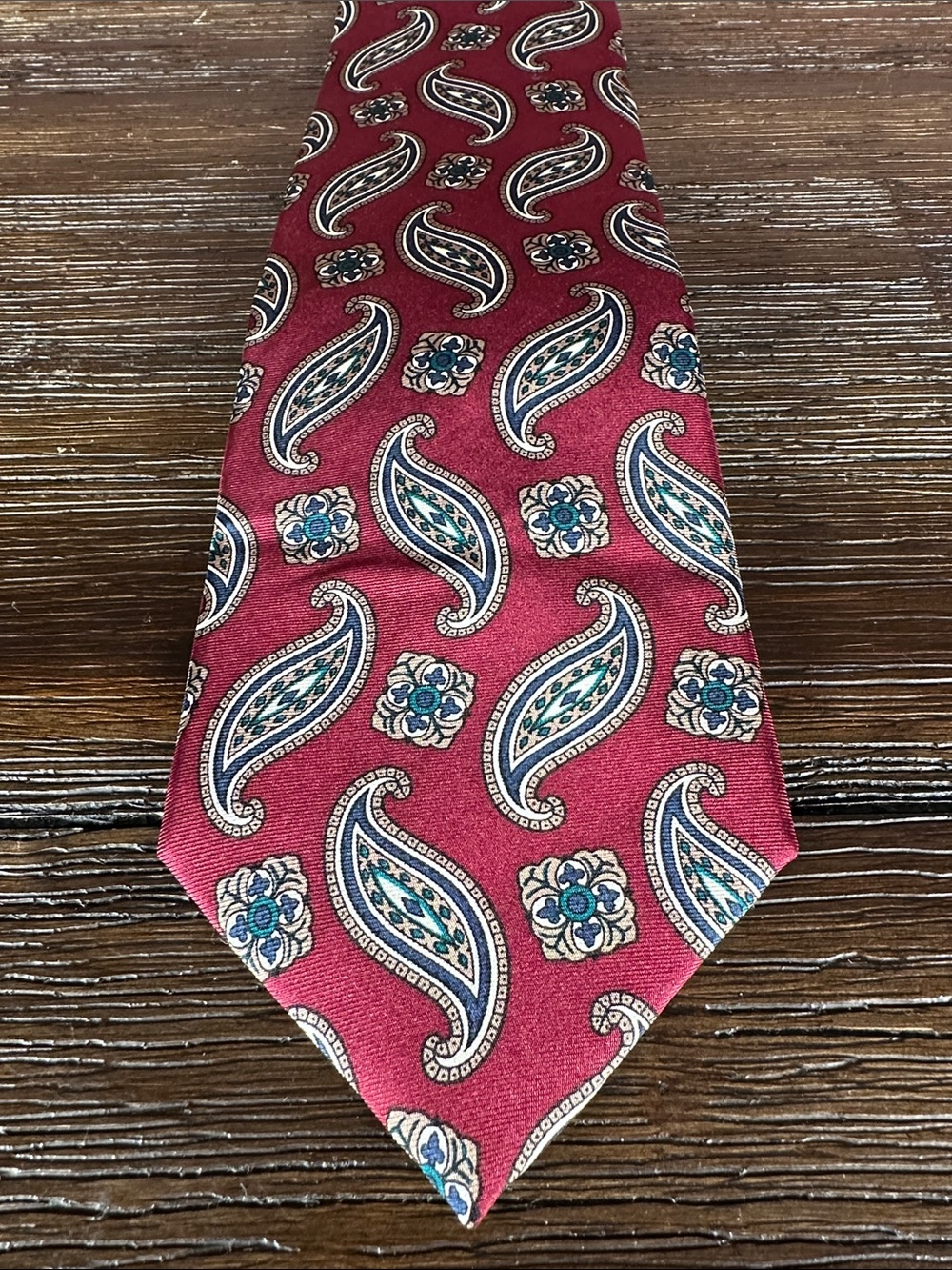 Pierre Balmain Red Paisley Silk Tie with Blue and Cream Accents